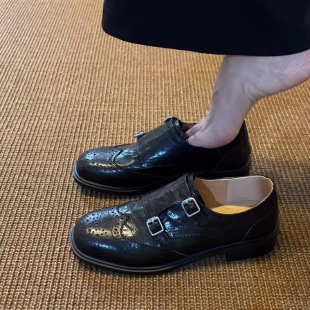 羊皮版~真皮布洛克乐福鞋女英伦风双扣带雕花小皮鞋复古低跟单鞋