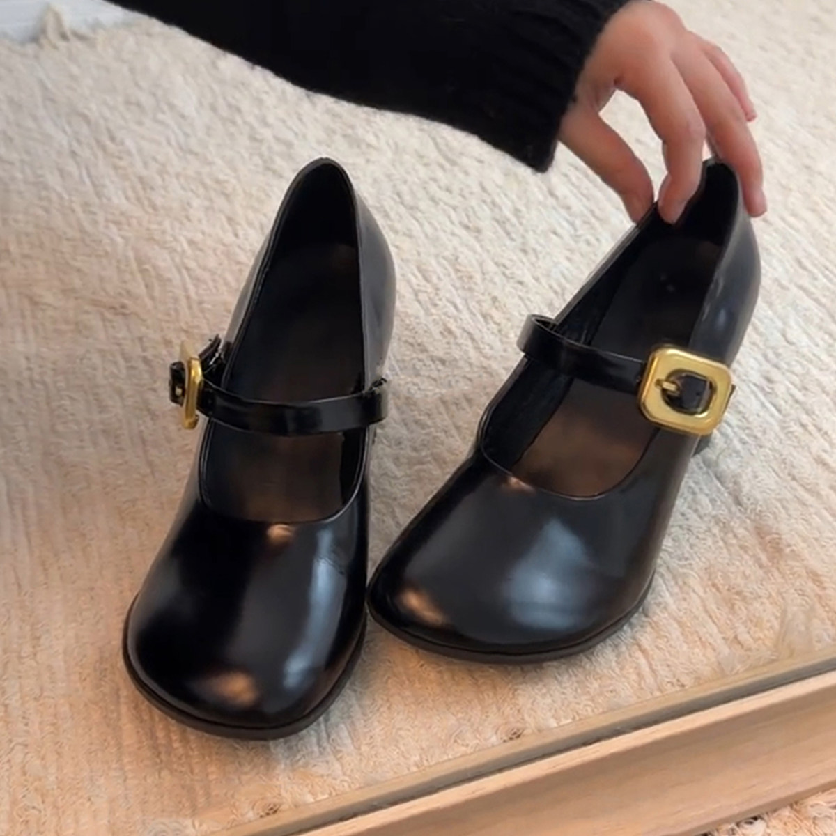 羊皮版~法式圆头漆皮高跟玛丽珍鞋女一字带气质优雅显瘦时髦单鞋主图