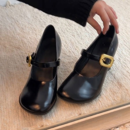羊皮版~法式圆头漆皮高跟玛丽珍鞋女一字带气质优雅显瘦时髦单鞋