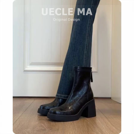 水洗牛皮~今年超火的靴子~厚底短靴女小个子马丁靴高跟粗跟瘦瘦靴