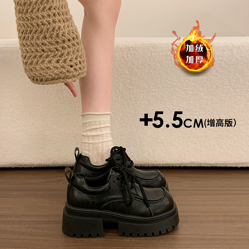 厚底乐福鞋女冬2025新款黑色英伦风加绒小皮鞋小个子增高保暖棉鞋主图