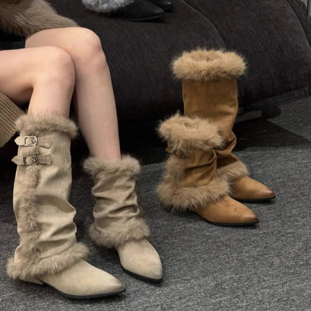 复古毛毛靴加绒加厚雪地靴女2025冬季高筒靴皮带扣尖头保暖长筒靴