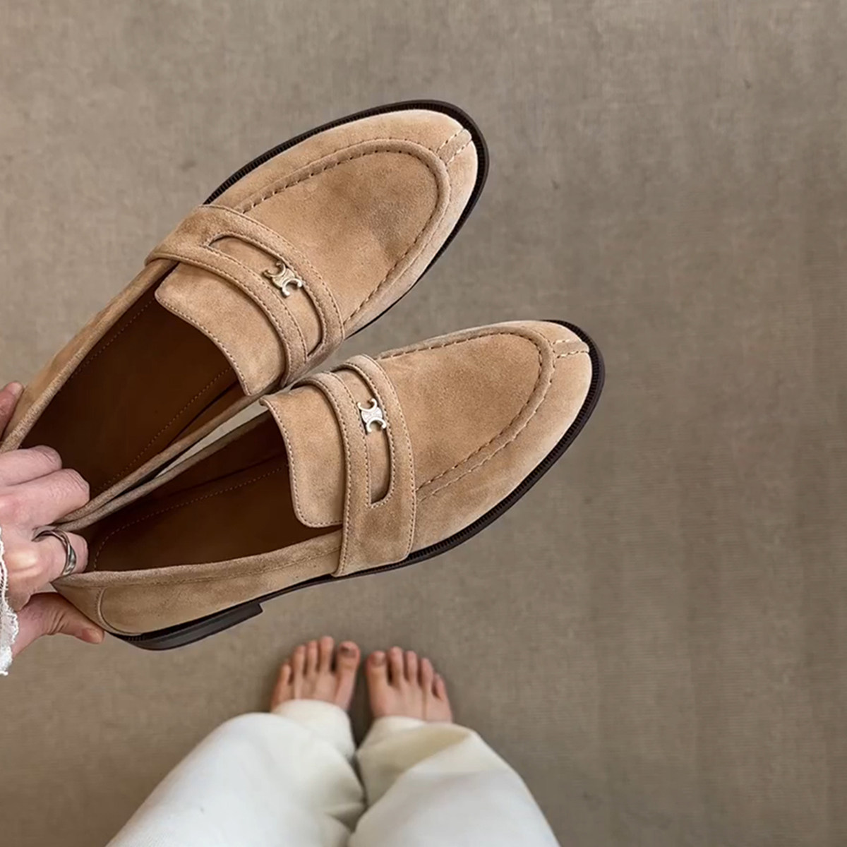 羊皮版~复古老钱风反绒皮乐福鞋女金属扣一脚蹬百搭舒适低跟单鞋主图