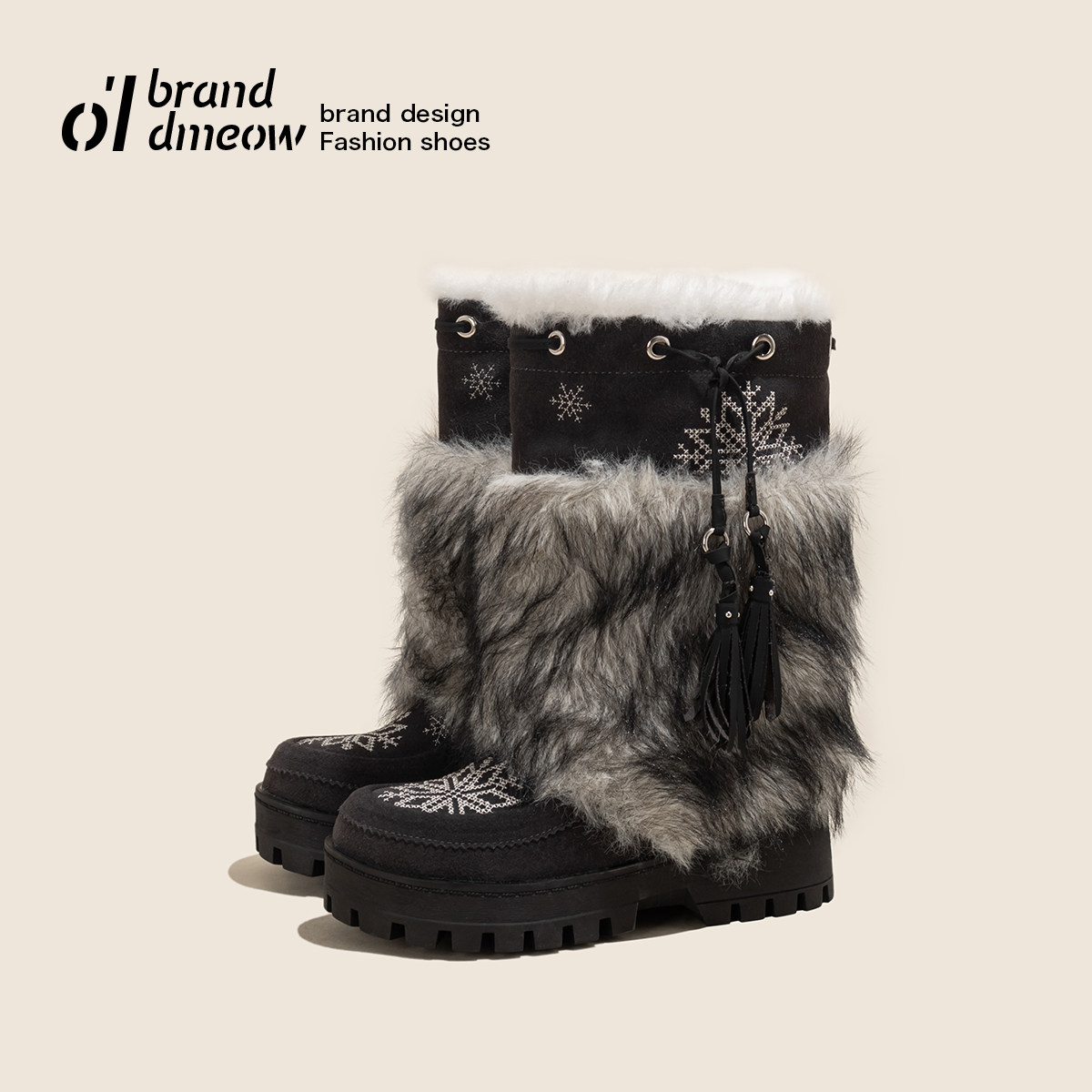 老喵 费尔岛~毛毛雪地靴女2025冬季新款厚底加绒保暖东北雪地棉靴主图