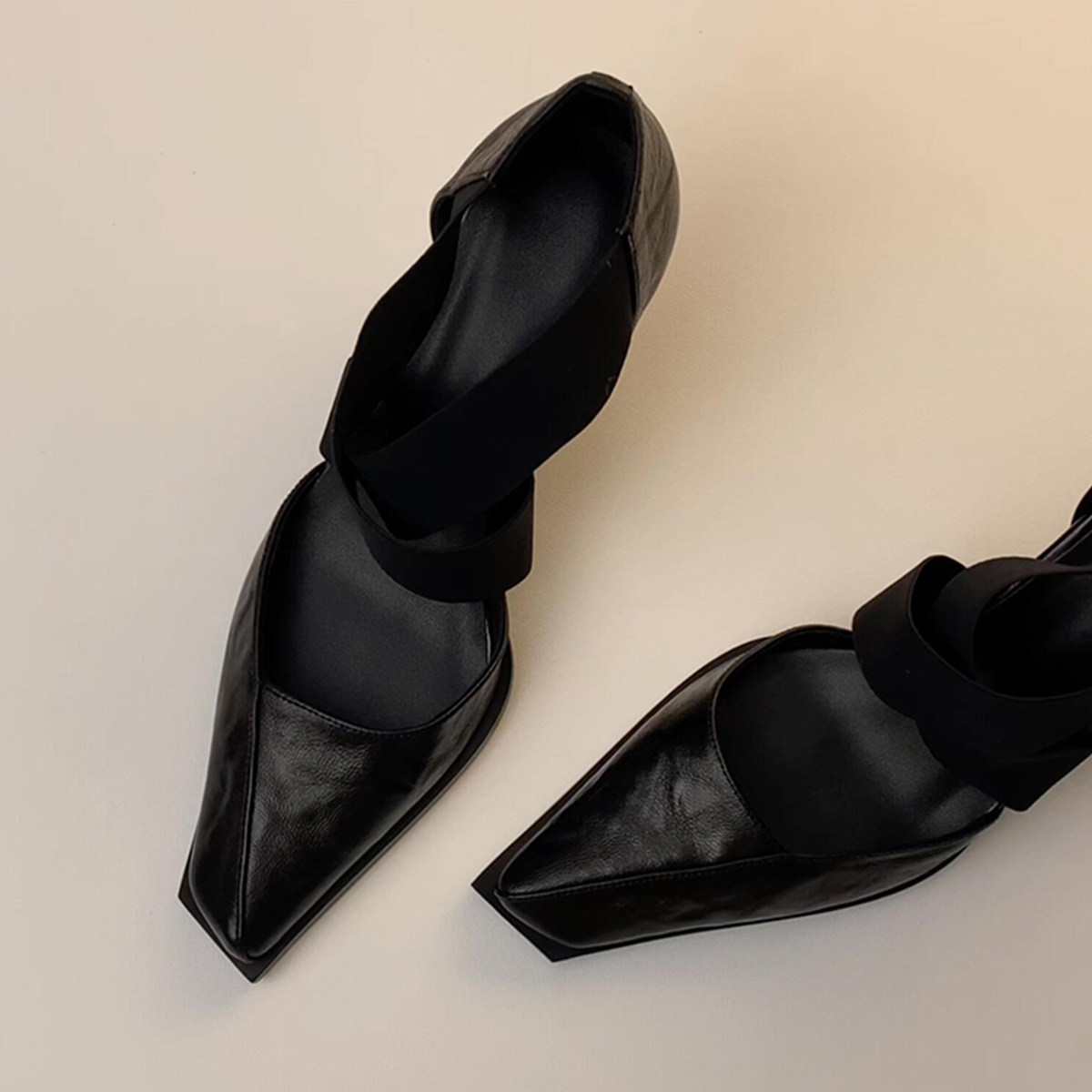 羊皮版~方头气质高跟鞋女复古文艺风真皮不累脚交叉带玛丽珍单鞋主图