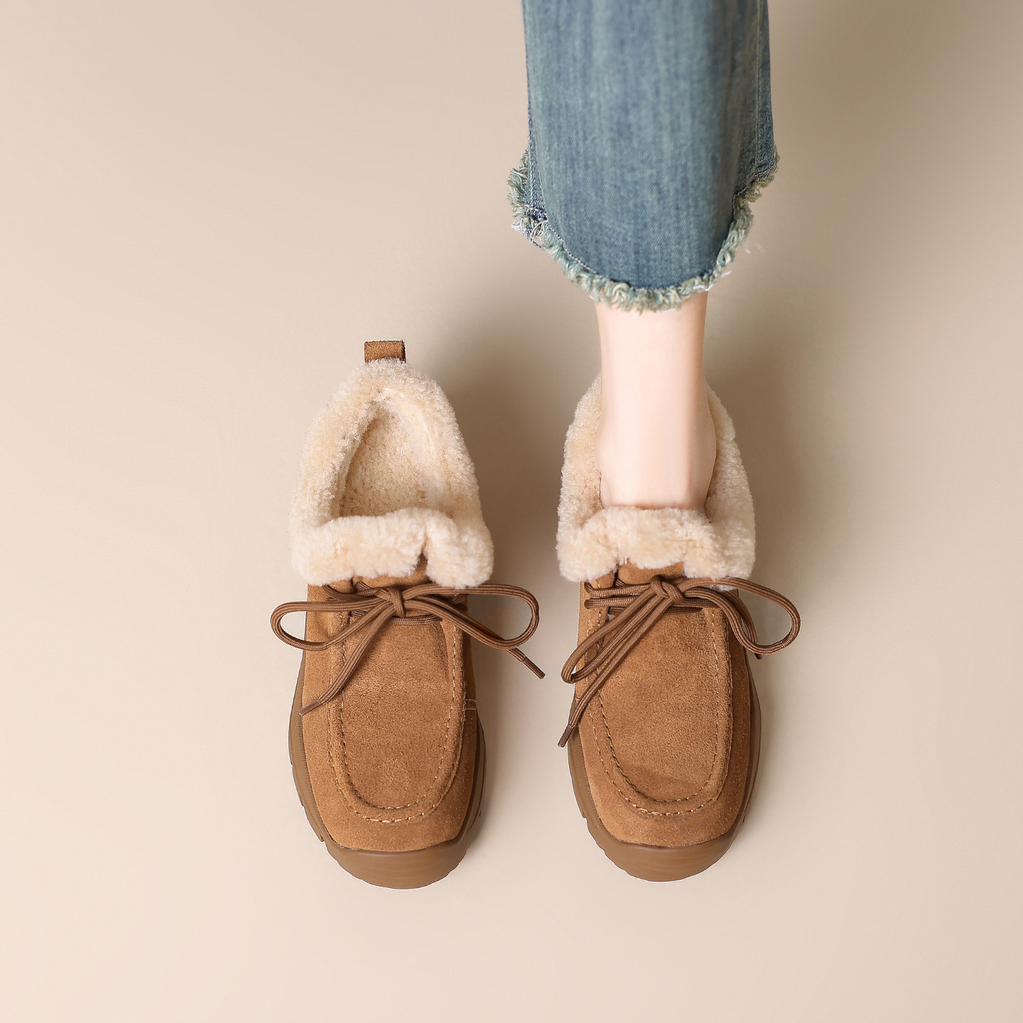 Diao'er 小暖巢～！真皮羊毛厚底棉鞋加绒乐福鞋女系带深口勃肯鞋主图