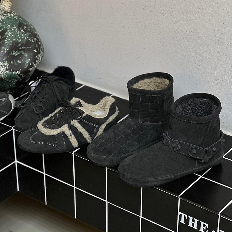 羊皮版！2025巨好看德训鞋女休闲风深灰色系带加绒保暖厚底阿甘鞋主图