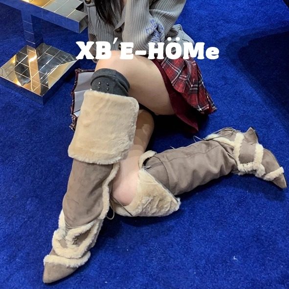宁艺卓同款~羊皮毛一体雪地靴女冬季新款毛绒尖头长筒保暖棉靴主图