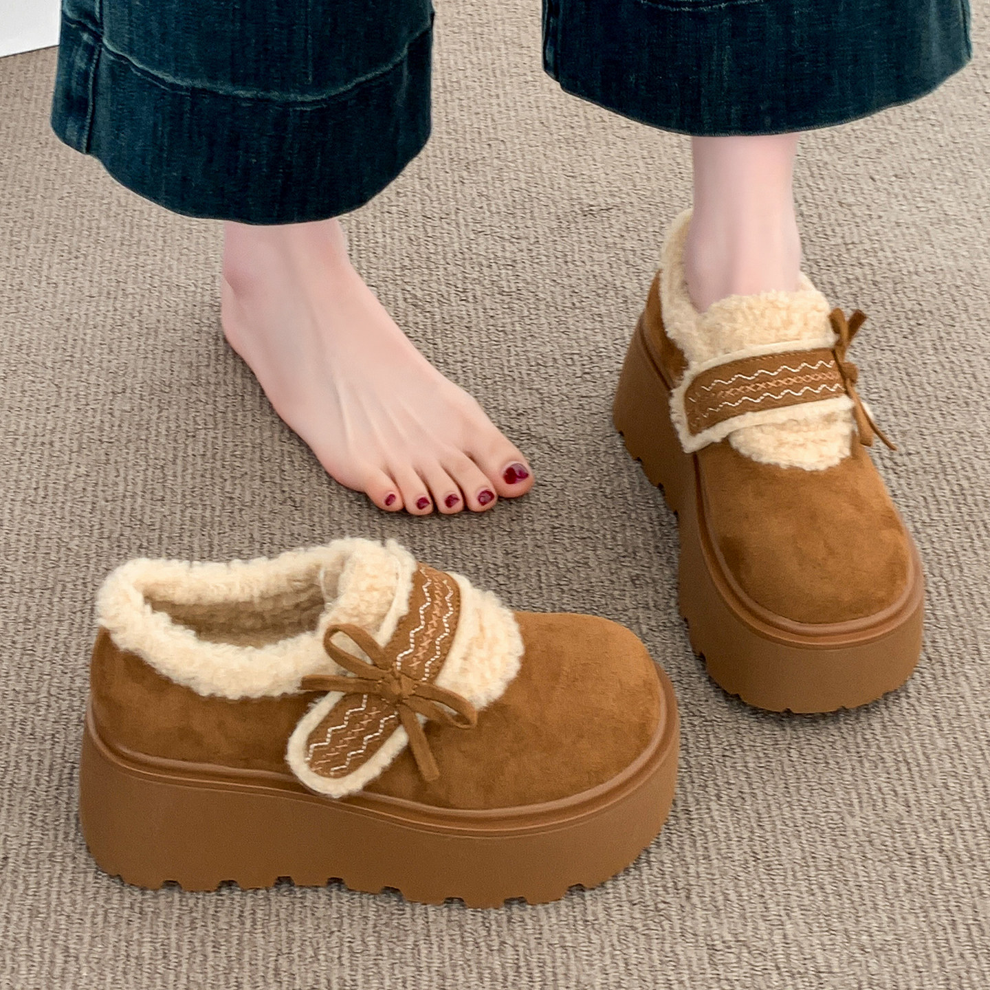 复古厚底加绒勃肯鞋女2025新款冬季小个子增高雪地靴毛毛保暖棉鞋主图