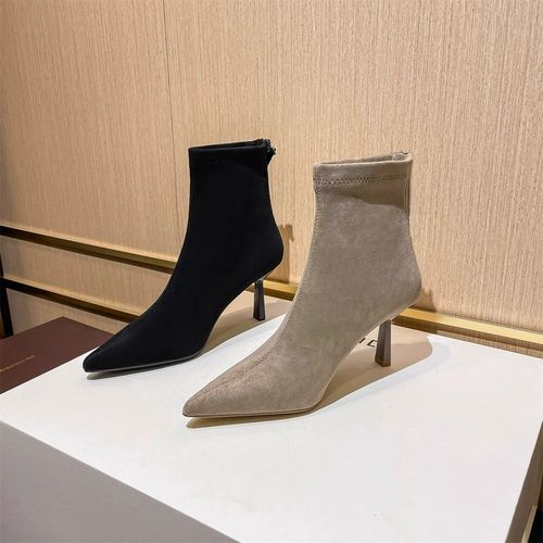 巨显瘦~尖头女人味绒面尖头瘦瘦靴细跟高跟短靴弹力靴后拉链女靴主图