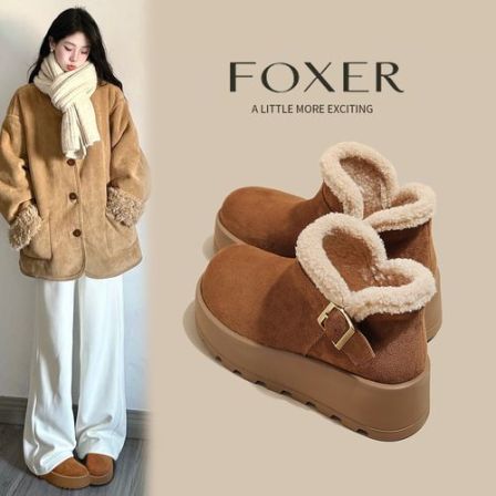 FOXER新款秋冬加绒厚底套筒女鞋短筒时尚雪地靴通勤鞋子时尚百搭