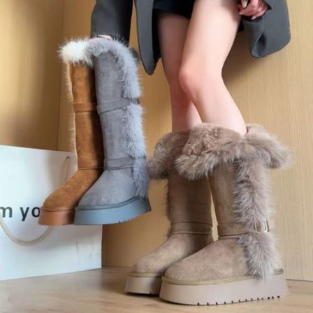 乌托邦俄式美学厚底毛毛加绒加厚保暖棉鞋中长筒雪地靴冬季骑士靴