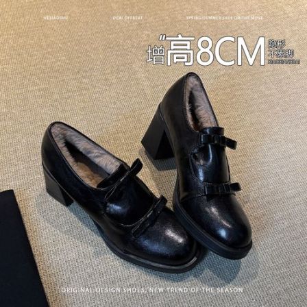 真皮复古蝴蝶结粗跟内增高加绒保暖乐福鞋女2025新款英伦风小皮鞋