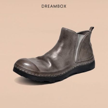 DREAMBOX钧博短靴水洗马皮复古中帮切尔西靴一脚蹬防滑男士皮靴