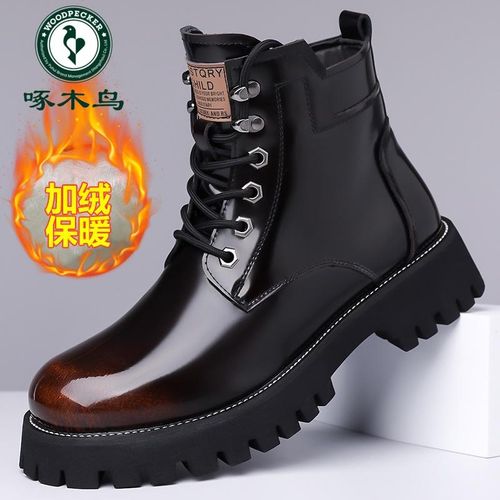 啄木鸟马丁靴男款冬季加绒真皮高帮工装靴男士增高防水机车皮靴潮主图