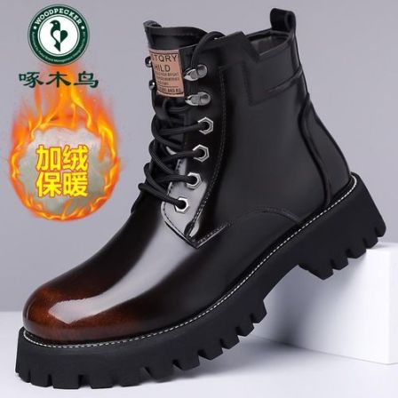 啄木鸟马丁靴男款冬季加绒真皮高帮工装靴男士增高防水机车皮靴潮