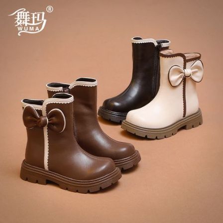 舞玛女童鞋子儿童马丁靴2025新款冬季加绒保暖蝴蝶结二棉靴548610