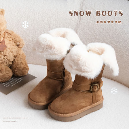 AnnieGirl皮毛一体雪地靴女童2025皮带扣中筒加绒保暖防滑靴鞋子