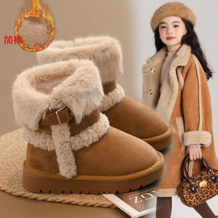 儿童加绒加厚雪地靴2025年冬季新款女童毛毛短靴中大童大棉保暖鞋