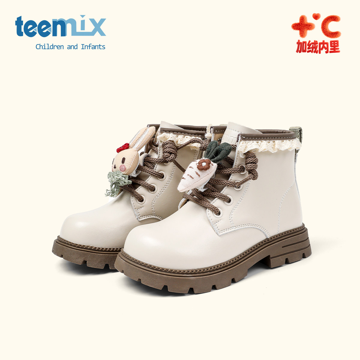 天美意童鞋2025冬季新款女孩卡通装饰厚底短靴女童加绒保暖马丁靴主图