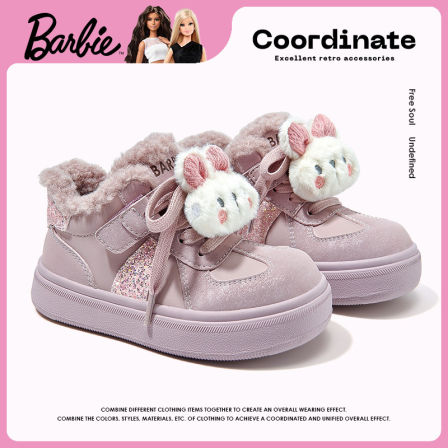 芭比童鞋女童棉鞋2025新款冬季加绒保暖小女孩毛毛鞋子儿童运动鞋