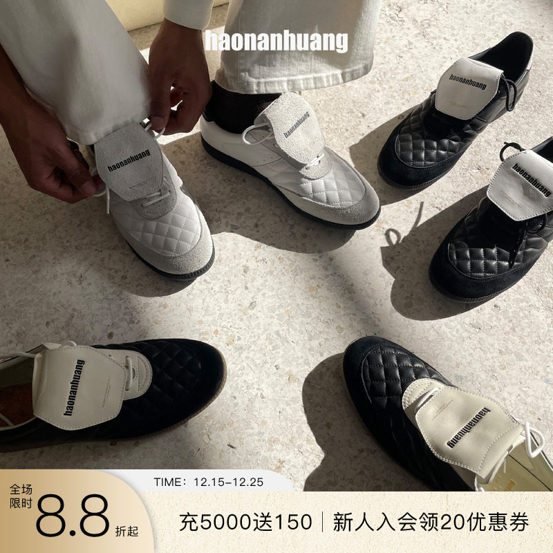 haonanhuang 香奈风菱形绗缝翻盖100%牛皮复古运动撞色休闲德训鞋主图