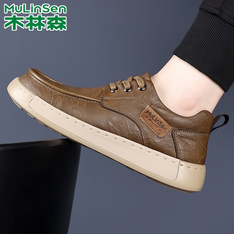 木林森男鞋真皮休闲皮鞋男士系带圆头低跟百搭舒适男鞋运动休闲鞋主图