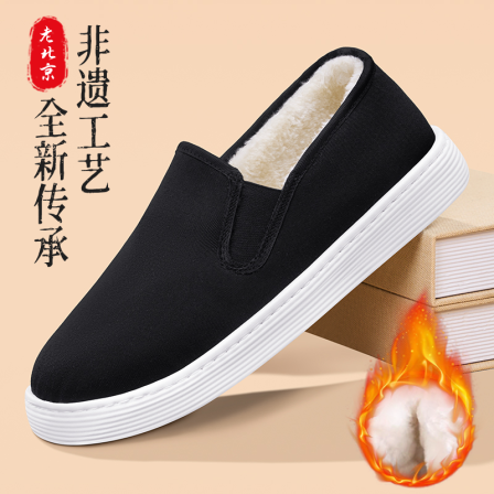 老北京布鞋男官方旗舰店冬季加绒保暖防滑老人一脚蹬防滑加厚棉鞋