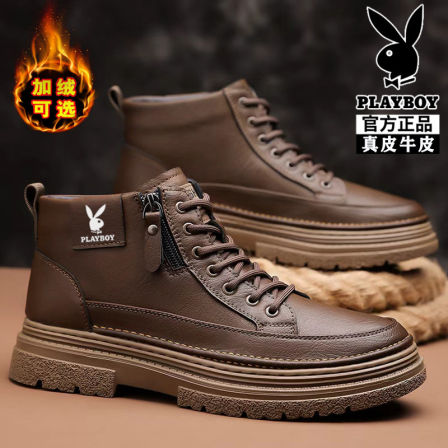 花花公子马丁靴男款真皮冬季加绒保暖休闲棉鞋百搭工装中帮男靴子