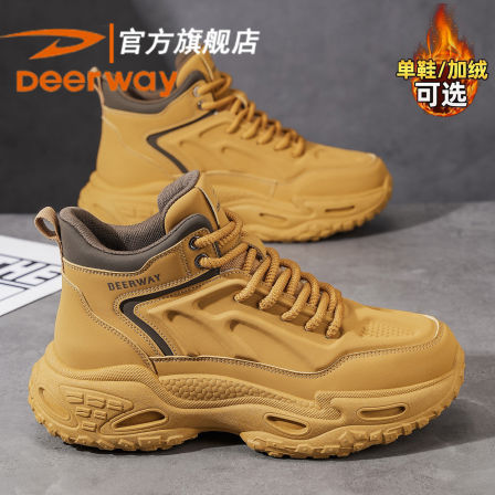 德尔惠秋冬男鞋2025新款加绒加棉高帮工装鞋厚底增高运动马丁靴男