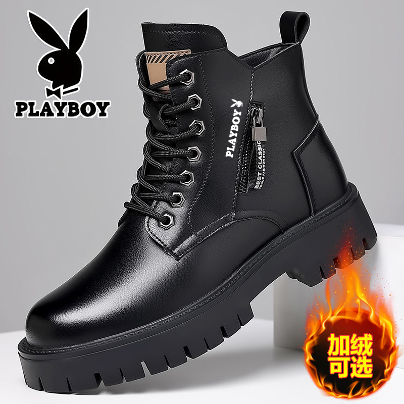 花花公子马丁靴男冬季加绒保暖棉鞋真皮羊毛一体高筒工装雪地靴男主图