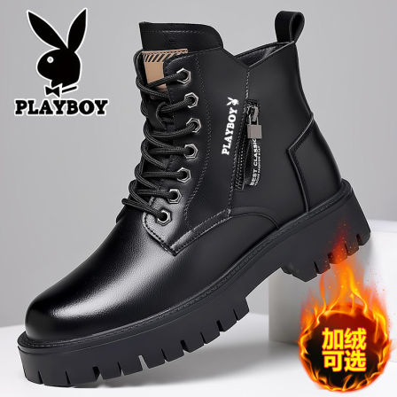 花花公子马丁靴男冬季加绒保暖棉鞋真皮羊毛一体高筒工装雪地靴男