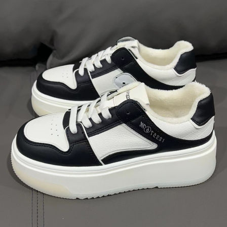 真皮厚底小白鞋黑白拼色百搭休闲板鞋运动鞋冬季圆头加绒潮流女鞋