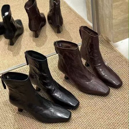 MFX 法式手抓纹女瘦瘦靴小方头细中跟瘦瘦靴6-1298