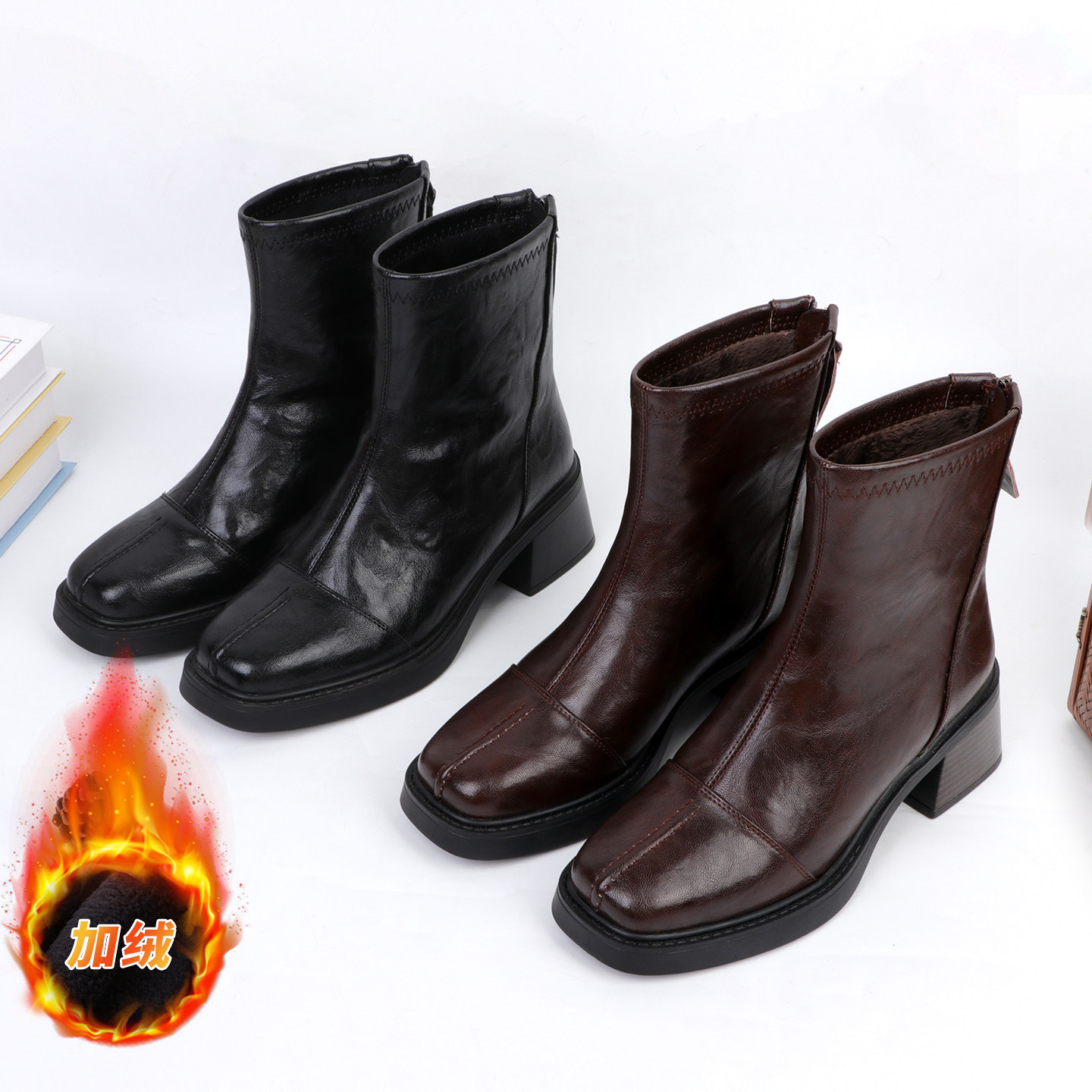 自然小铺 2025冬季油蜡皮真皮高跟靴超软时尚牛皮加绒中筒靴女主图