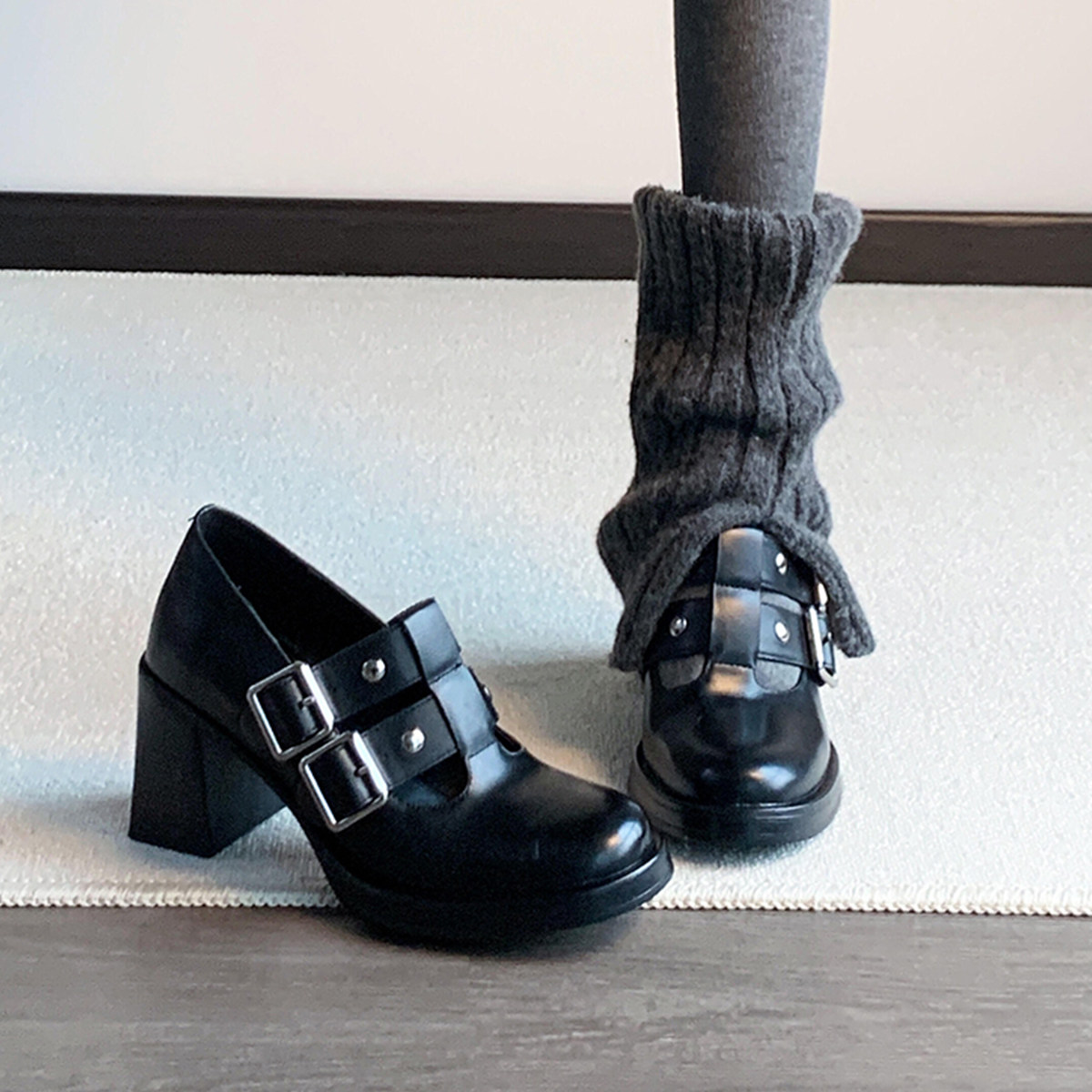 羊皮版~复古英伦风真皮双扣带高跟玛丽珍鞋女圆头气质增高小皮鞋主图