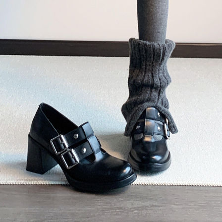 羊皮版~复古英伦风真皮双扣带高跟玛丽珍鞋女圆头气质增高小皮鞋