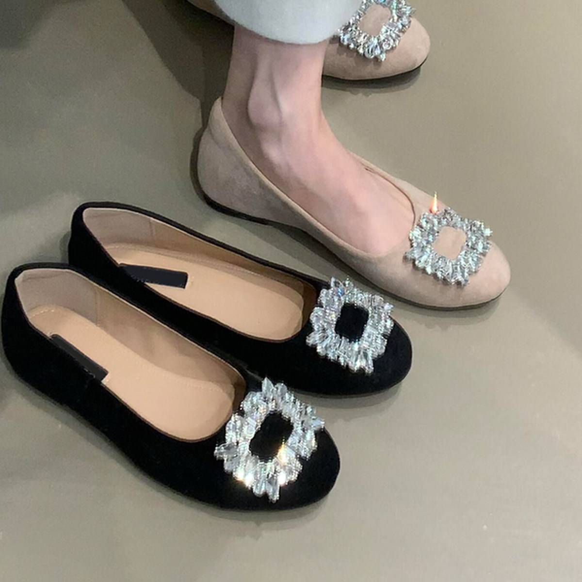 羊皮版~法式温柔晚晚鞋女一脚蹬圆头浅口水钻方扣气质配裙子单鞋主图