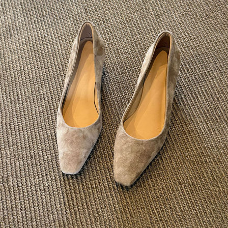 羊皮版~优雅气质绒面显瘦通勤一脚蹬外穿单鞋女休闲风复古高跟鞋