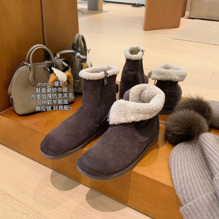 大叮自制mini小暖炉！磨砂牛皮软牛筋底鞋子加厚加绒侧拉链雪地靴