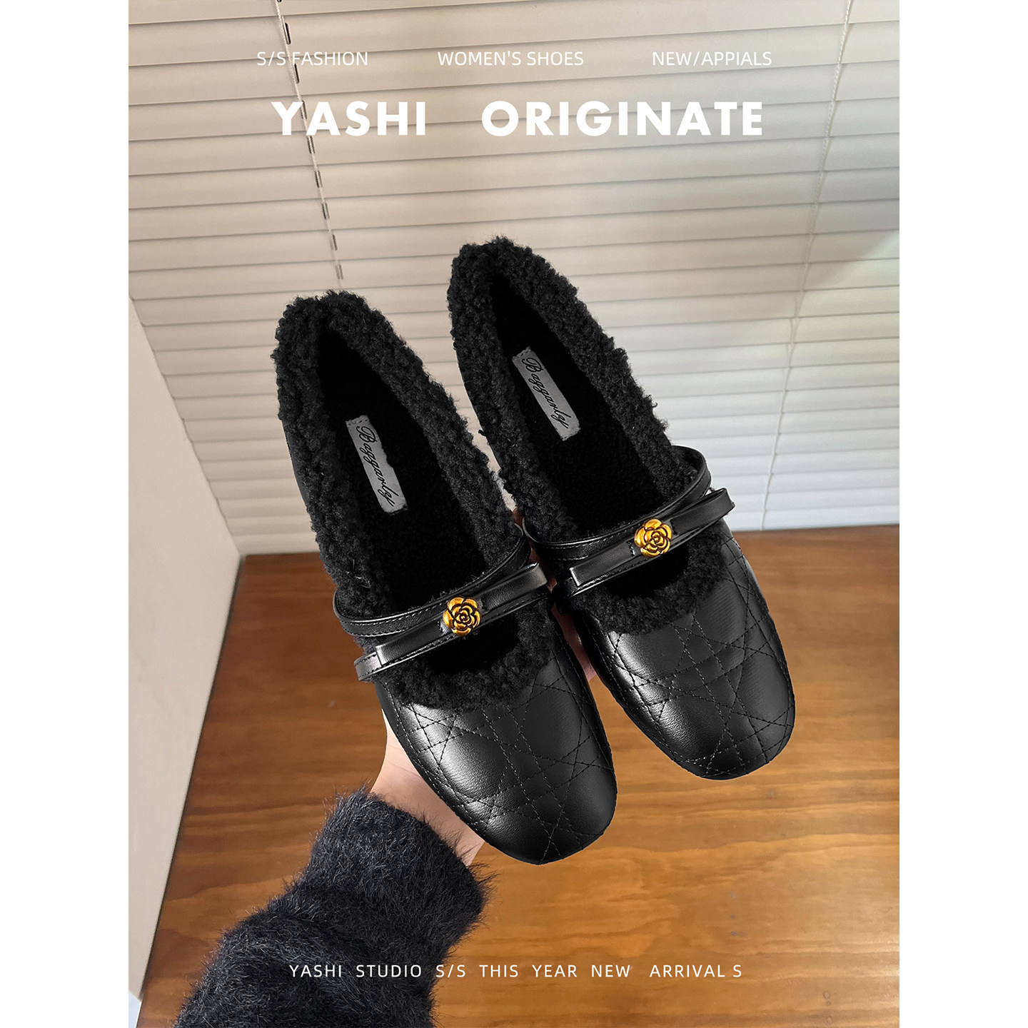 加绒保暖山茶花芭蕾舞鞋2025年爆款小香风珍珠魔术贴一字带玛丽珍主图