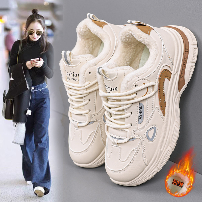 加绒真皮运动鞋女款2025新款冬季厚底休闲鞋大码4142显脚小老爹鞋主图