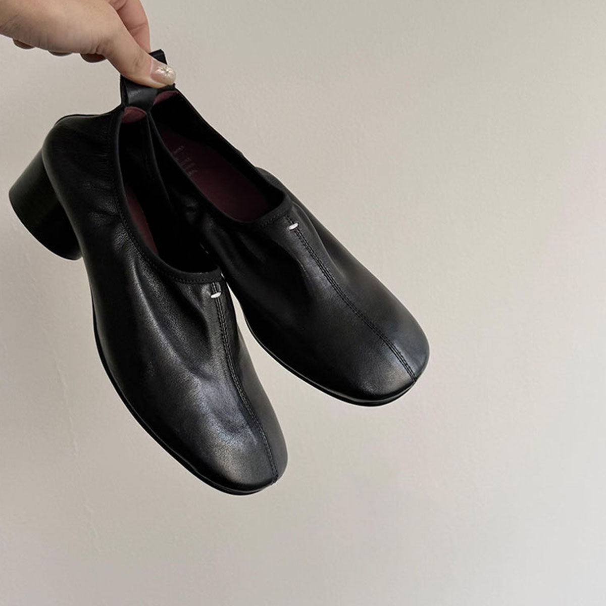 羊皮版~极简软皮休闲舒适轻便软底小皮鞋女一脚蹬圆头粗跟小皮鞋主图