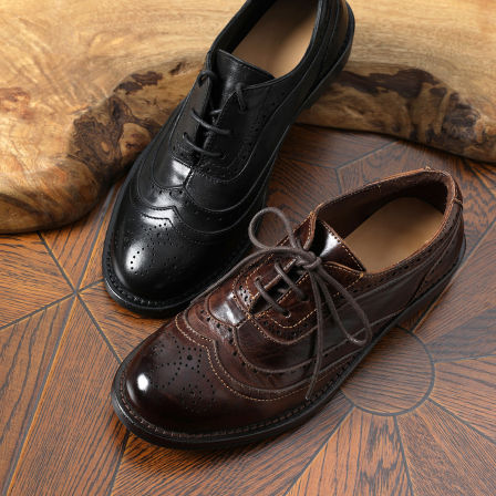 ED08048  经典英伦风水洗马皮系带布洛克雕花圆头小皮鞋德比鞋