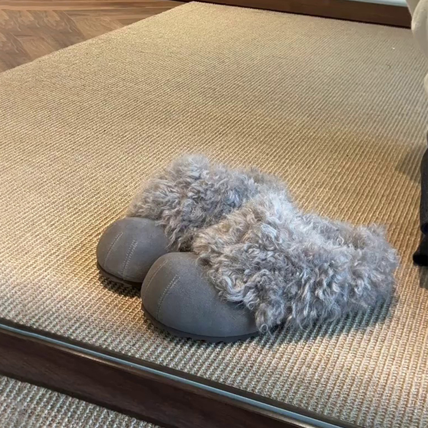 牛皮版~厚底毛毛拖鞋女外穿一脚蹬懒人棉拖鞋复古加绒包头勃肯鞋主图