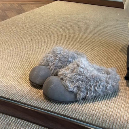 牛皮版~厚底毛毛拖鞋女外穿一脚蹬懒人棉拖鞋复古加绒包头勃肯鞋