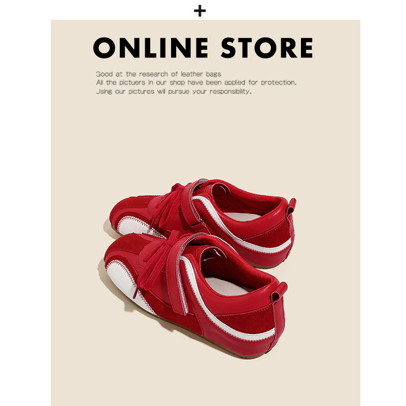 真皮~5CM内增高红色德训鞋女2025新款冬魔术贴休闲板鞋复古阿甘鞋主图