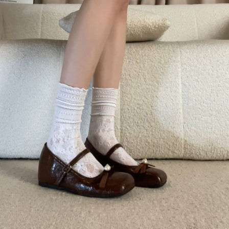 羊皮版~一字带珍珠蝴蝶结浅口圆头玛丽珍鞋女内增高法式方头单鞋