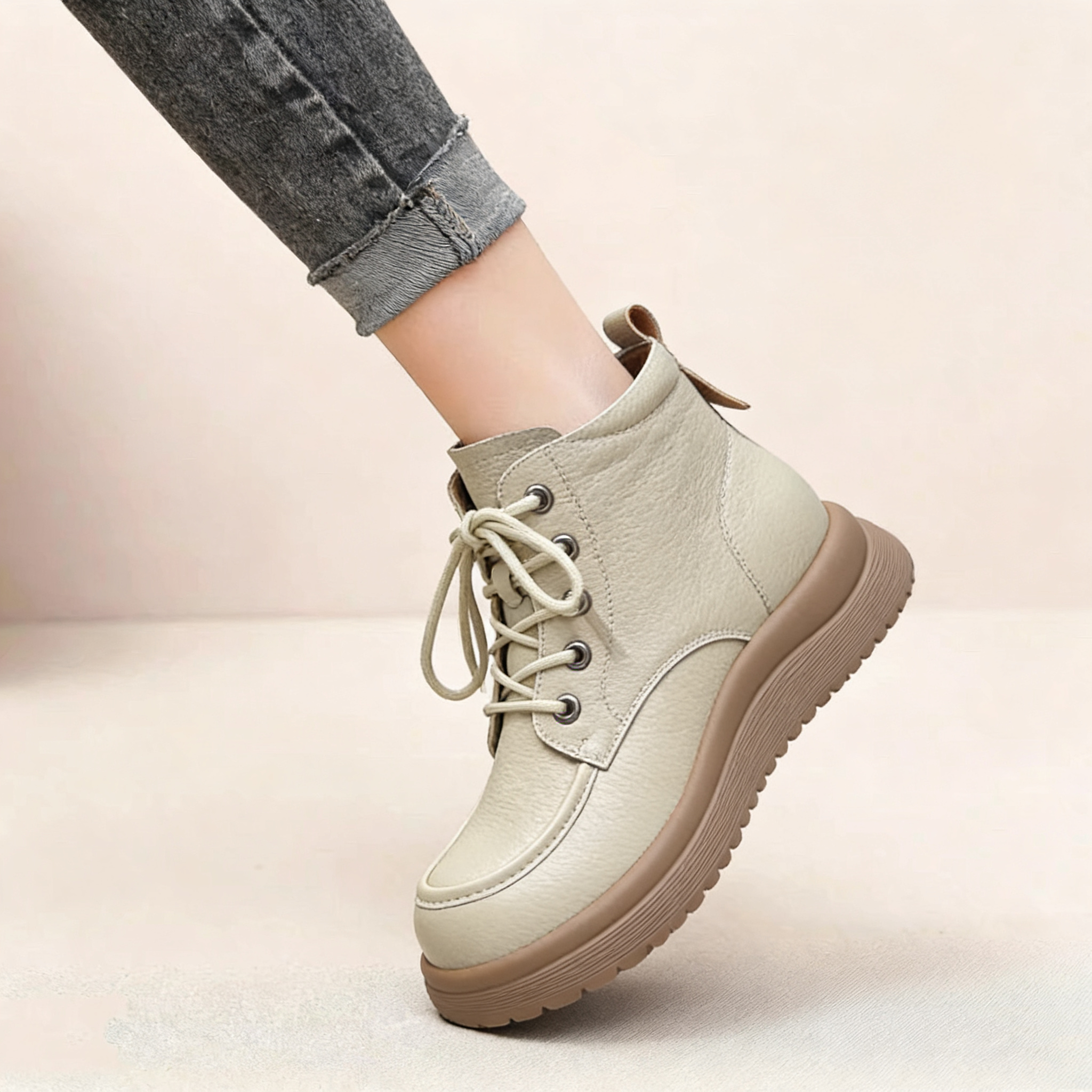 英伦风头层牛皮短靴女冬季厚底系带防水台马丁靴保暖防滑棉里短靴主图