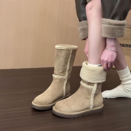 牛皮版~厚底中筒雪地靴两穿加绒保暖毛毛靴子复古显瘦短靴女棉靴